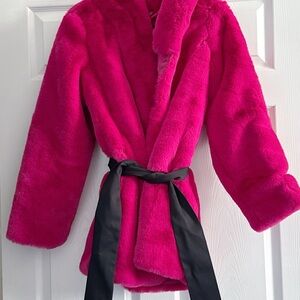 Vibrant Pink Faux Fur Coat with Black Belt